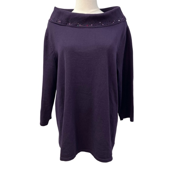 Isabella‎ Rodriguez Hand Embroidered 3/4 sleeve Cowl Neck Purple Sweater 1X - Picture 1 of 15